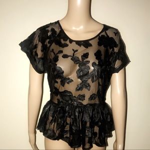 Sheer black blouse-pleather black floral